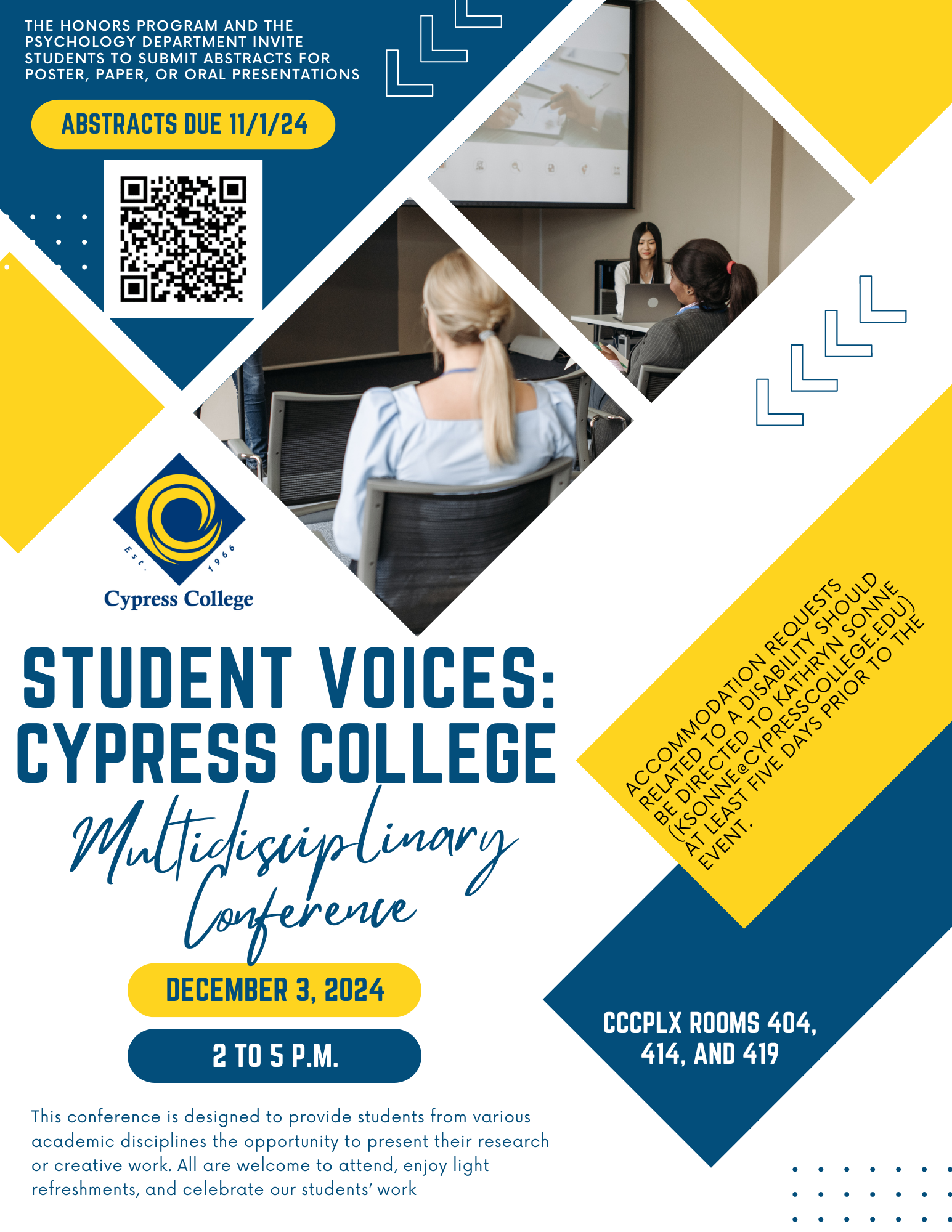 Flyer for a multidisciplinary conference featuring the college logo and students in a classroom