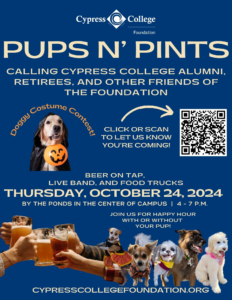 Pups and Pints flyer, with photo of dogs and draught beer and location and date details, Cypress College Pond October 2024