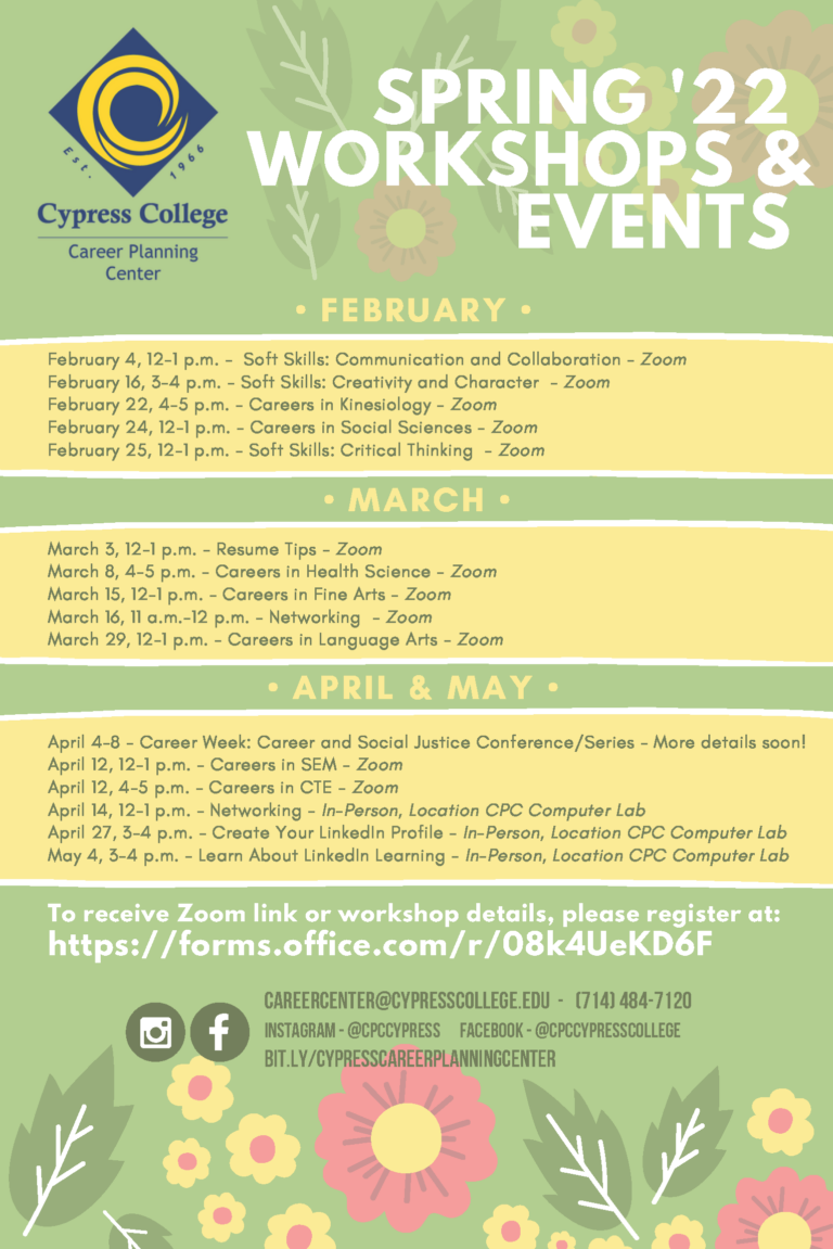 Career Planning Center Spring 2022 Workshops & Events - Cypress College