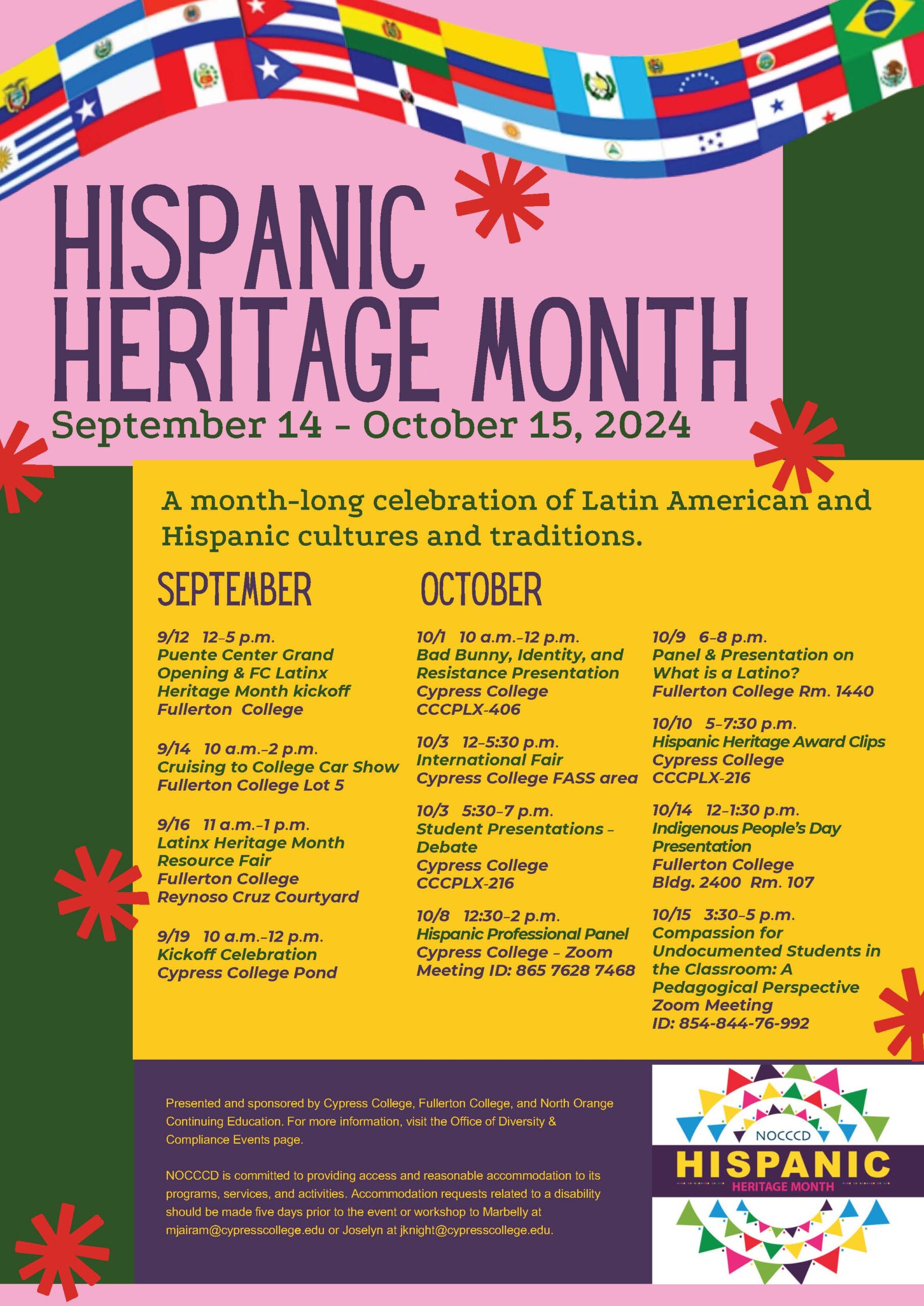 Colorful flyer featuring flags of Hispanic and Latin American countries, with details on Hispanic Heritage Month events