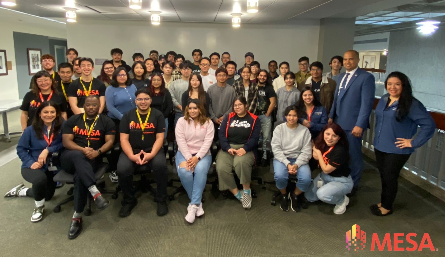 MESA cohort in spring 2024. Dr. Thayer, Cypress College President joined orientation to welcome students into the MESA program.