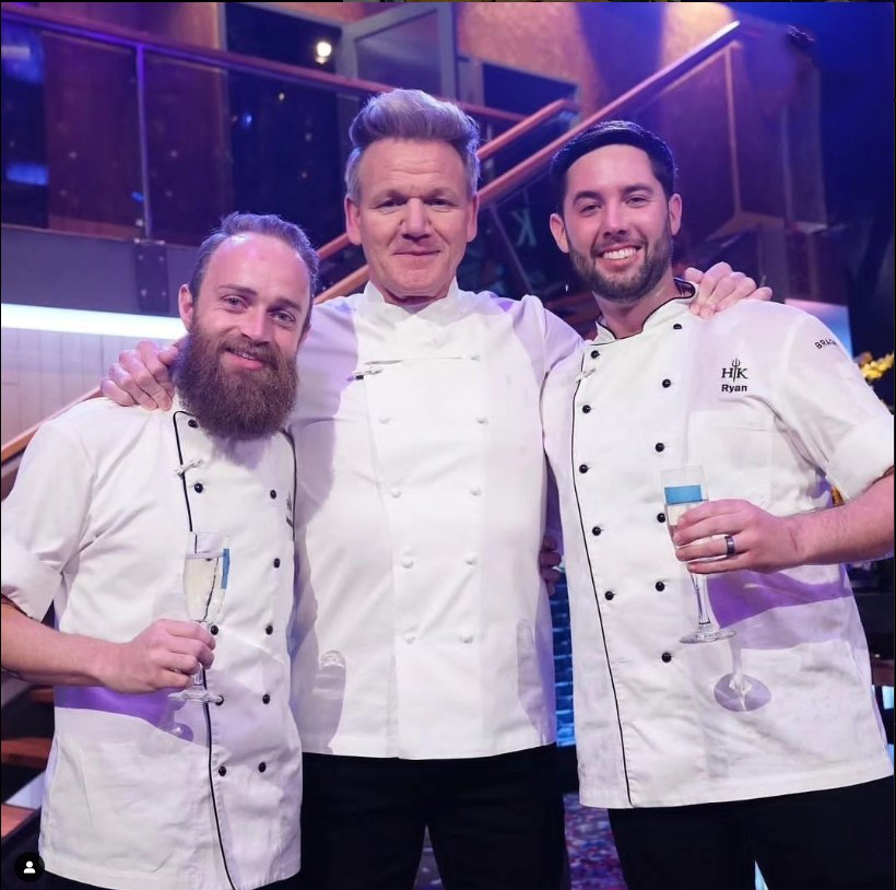 Chefs Johnathan Benvenuti, Gordon Ramsay, and Ryan O'Sullivan pose on the set of "Hell's Kitchen"