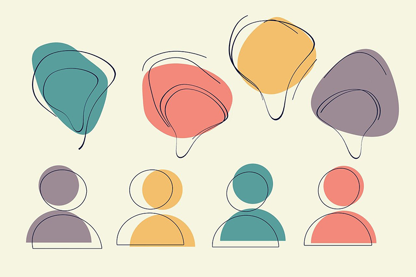 Silhouette of people in bright colors with thought bubbles above them.