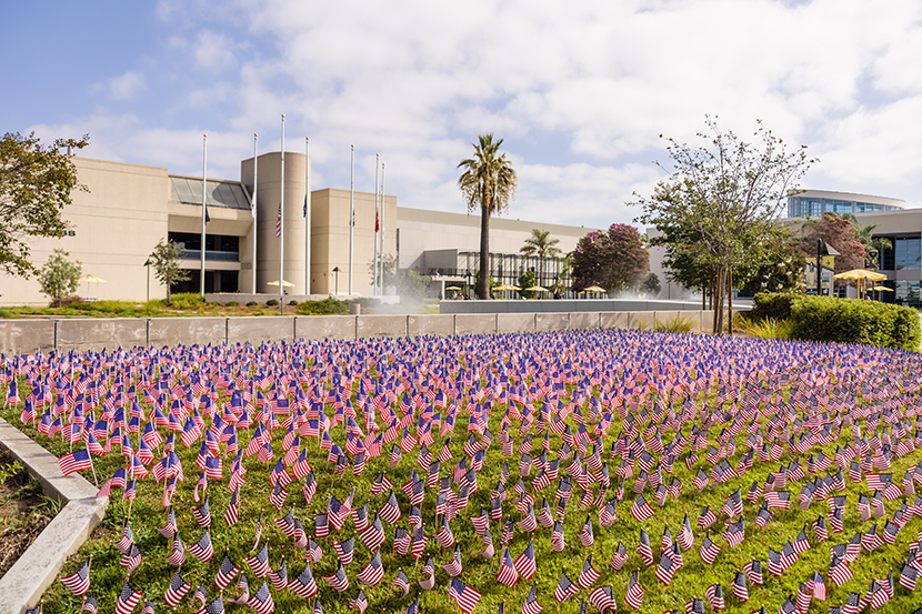 2700 flags spread out on the lawn in front of the Veterans Resource Center