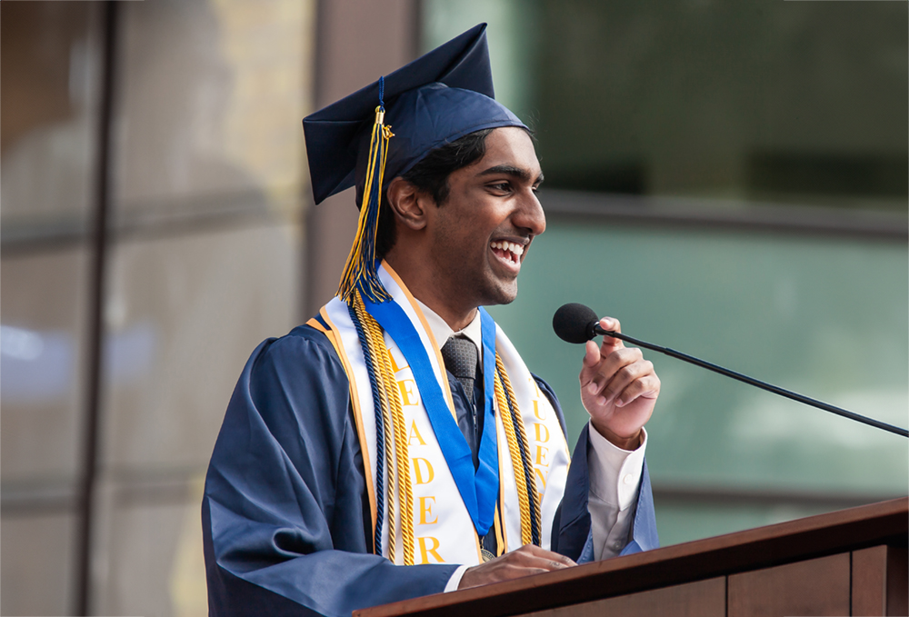 Arjun Ayyappan speaks at the Cypress College commencement